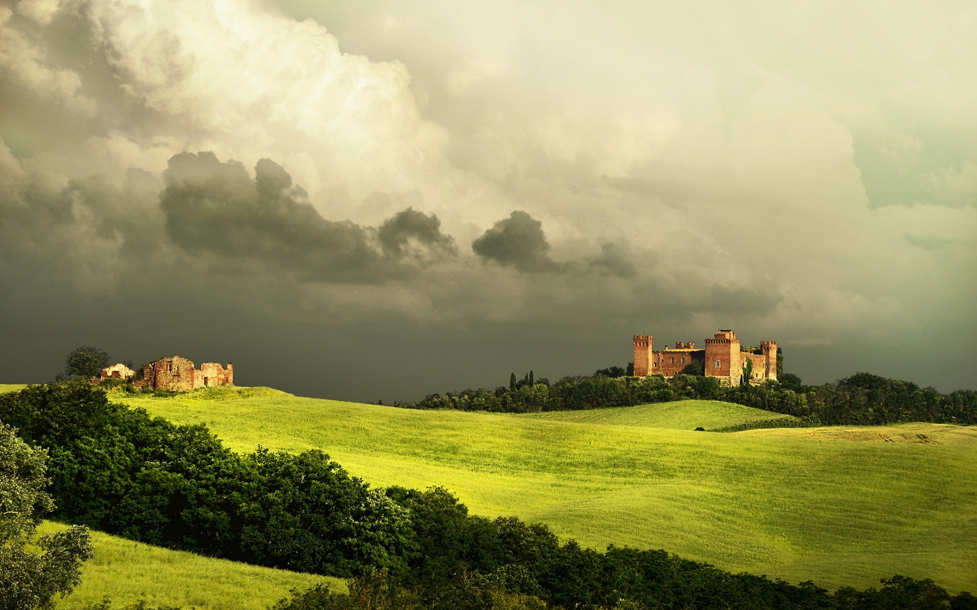 architecture, Building, Nature, Castle, Ancient, Tuscany, Italy, Field, Grass, Hills, Forest, Clouds Wallpaper