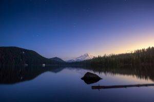 nature, Landscape, Evening, Lake, Stars, Snowy Peak, Forest, Calm, Reflection, Sunset, Oregon