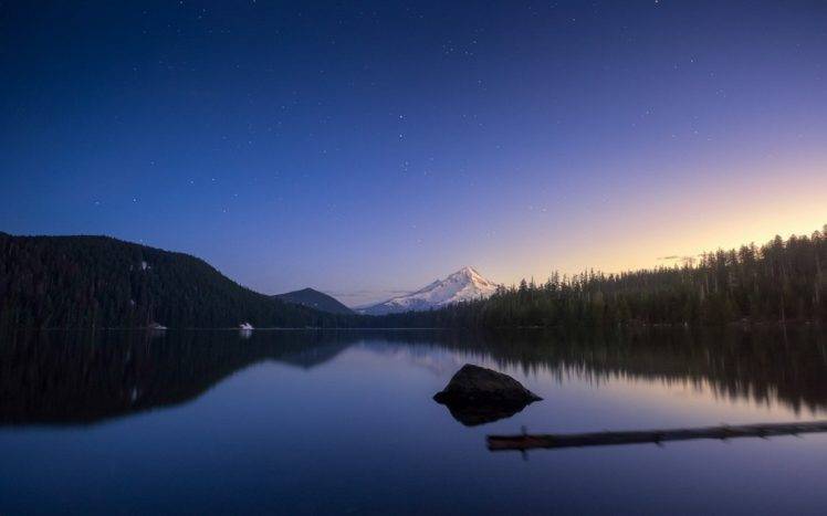 nature, Landscape, Evening, Lake, Stars, Snowy Peak, Forest, Calm, Reflection, Sunset, Oregon HD Wallpaper Desktop Background
