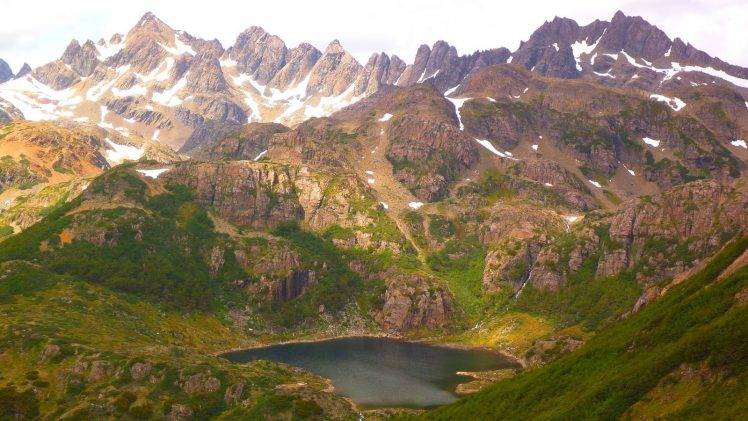 nature, Landscape, Mountains, Lake, Shrubs, Snow, Spring, Patagonia, Island, Chile HD Wallpaper Desktop Background