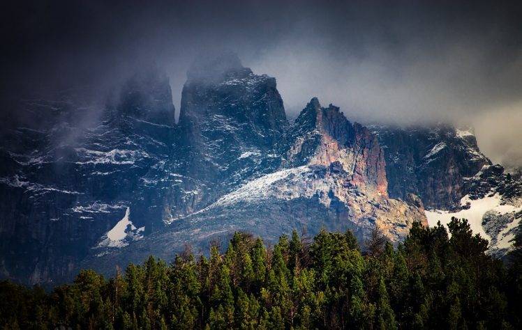 nature, Landscape, Mountains, Forest, Snow, Storm, Dark, Clouds, Trees, Cliff HD Wallpaper Desktop Background