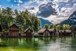 nature, Landscape, Lake, Mountains, Boathouses, Trees, HDR, Clouds, Sunrise, Sunlight, Austria