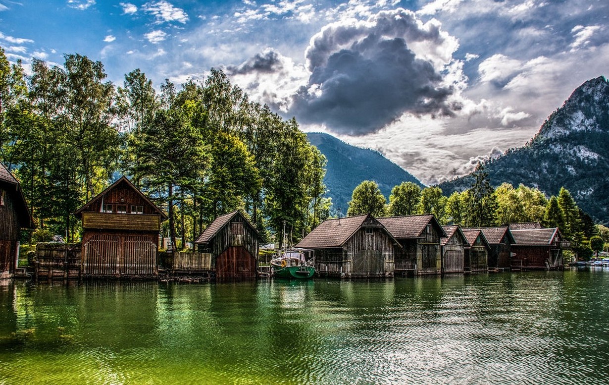 nature, Landscape, Lake, Mountains, Boathouses, Trees, HDR, Clouds, Sunrise, Sunlight, Austria Wallpaper
