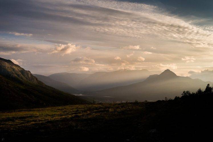 landscape, Nature, Sunrise, Clouds, Sky, Mountains, Valley, Mist, Sunlight, Shrubs, Norway HD Wallpaper Desktop Background