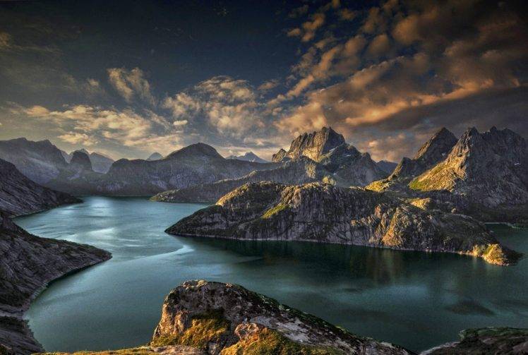 landscape, Nature, Mountains, Fjord, Sunset, Clouds, Island, Sky, Sunlight, Lofoten, Norway HD Wallpaper Desktop Background