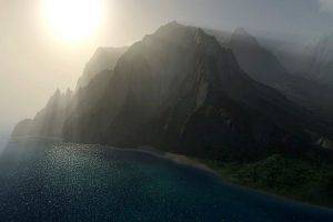 nature, Landscape, Mist, Sun Rays, Mountains, Coast, Sea, Beach, Cliff, Sunlight, Aerial View, CGI