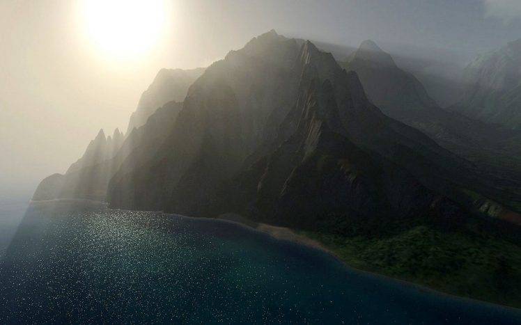 nature, Landscape, Mist, Sun Rays, Mountains, Coast, Sea, Beach, Cliff, Sunlight, Aerial View, CGI HD Wallpaper Desktop Background