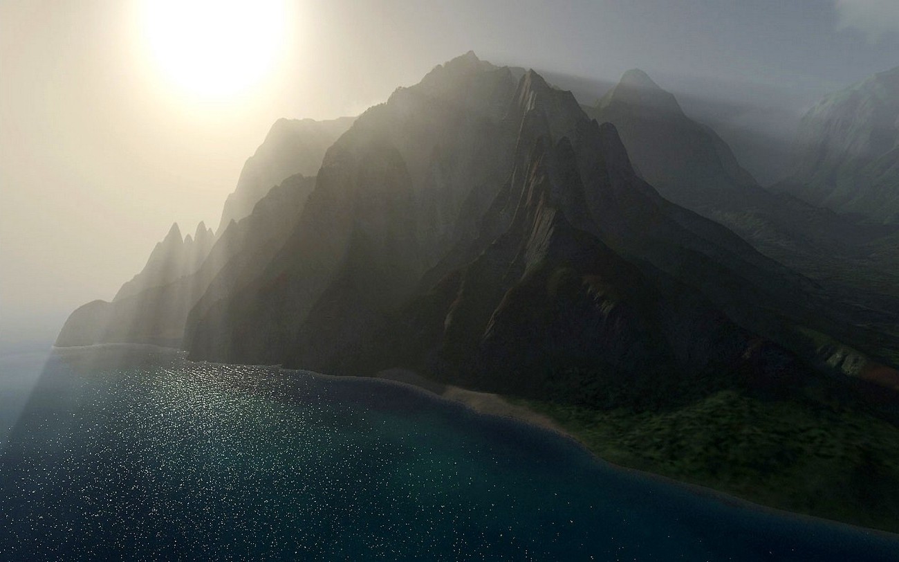 nature, Landscape, Mist, Sun Rays, Mountains, Coast, Sea, Beach, Cliff, Sunlight, Aerial View, CGI Wallpaper