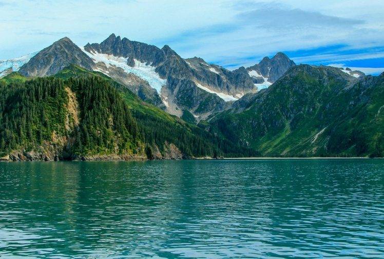 nature, Landscape, Mountains, Fjord, Forest, Summer, Snowy Peak, Sea, Kenai Fjords National Park, Alaska HD Wallpaper Desktop Background