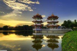 architecture, Nature, Landscape, Trees, Forest, Asian Architecture, Singapore, Pagoda, Lake, Grass, Water, Reflection, Clouds, Sun
