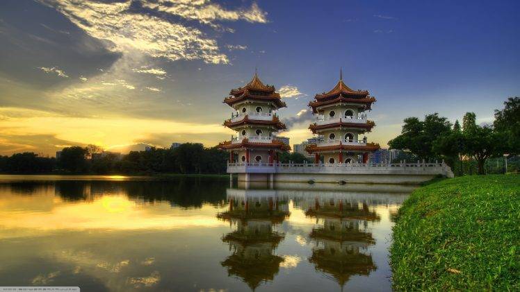 architecture, Nature, Landscape, Trees, Forest, Asian Architecture, Singapore, Pagoda, Lake, Grass, Water, Reflection, Clouds, Sun HD Wallpaper Desktop Background