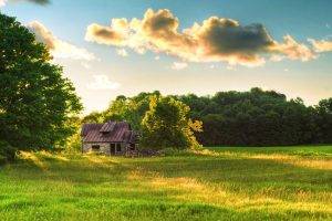 nature, Clouds, Grass, Cabin, Trees