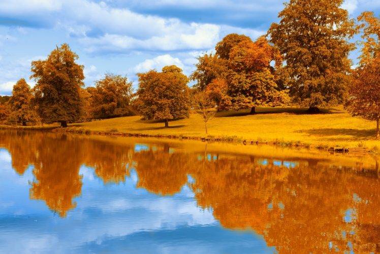 reflections, Fall, Lake, Landscape, Water, Foliage, Colorful, Park, Trees, Seasons, Pond, River, Orange, Blue, Nature HD Wallpaper Desktop Background