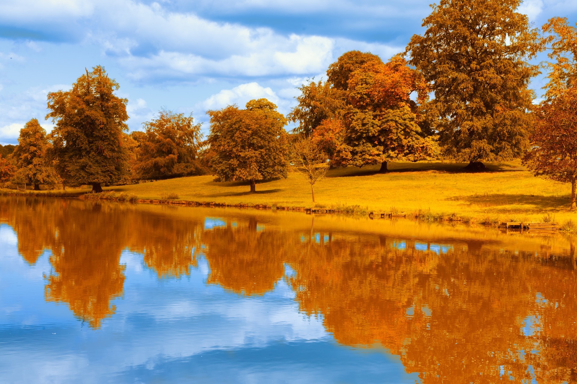 reflections, Fall, Lake, Landscape, Water, Foliage, Colorful, Park, Trees, Seasons, Pond, River, Orange, Blue, Nature Wallpaper