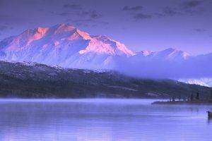 nature, Landscape, Mountains, Snow, Lake, Sunset, Mist, Cold, Moose, Alaska