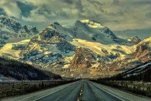 nature, Landscape, Mountains, Snowy Peak, Road, Forest, Sunrise, Sunlight, Alberta, Canada