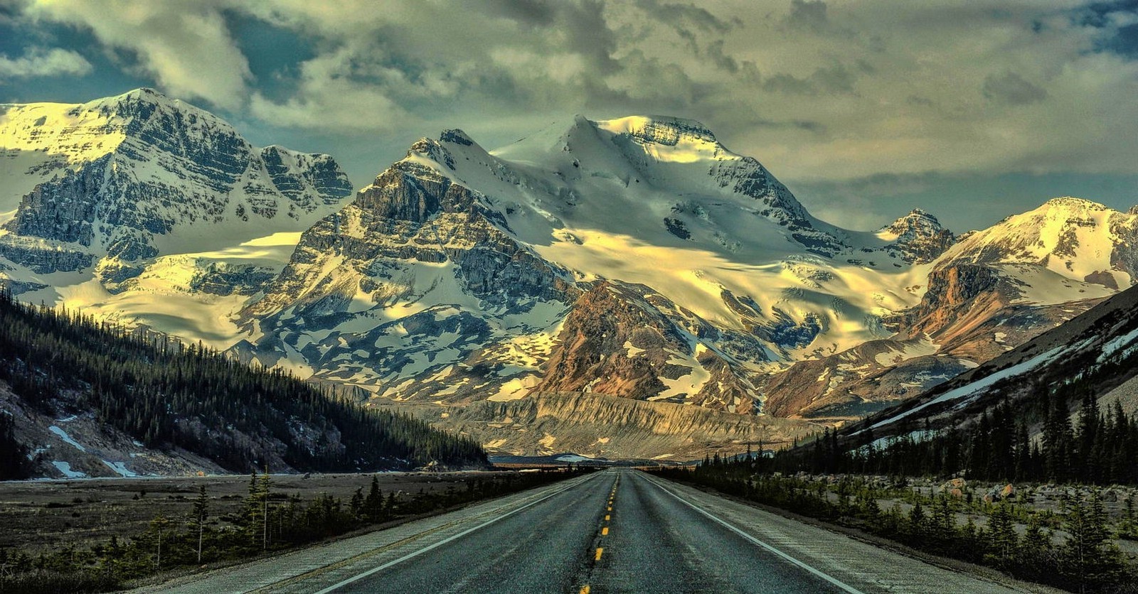 nature, Landscape, Mountains, Snowy Peak, Road, Forest, Sunrise, Sunlight, Alberta, Canada Wallpaper