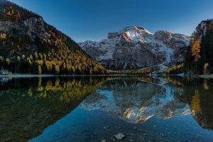 nature, Landscape, Lake, Reflection, Mountains, Forest, Fall, Sunset, Church, Snow, Alps, Italy