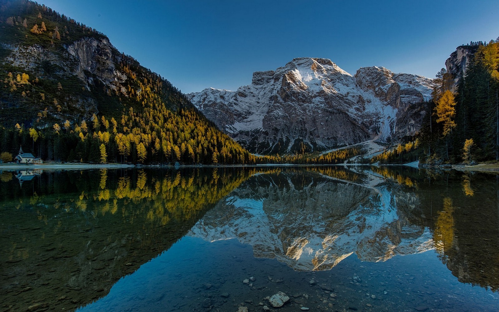 nature, Landscape, Lake, Reflection, Mountains, Forest, Fall, Sunset, Church, Snow, Alps, Italy Wallpaper