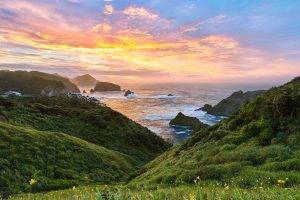 landscape, Nature, Coast, Sunset, Sky, Clouds, Sea, Shrubs, Green, Wildflowers, Rocks, Japan