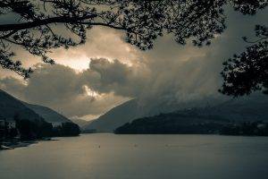 landscape, Nature, Lake, Mountains, Dark, Clouds, Trees, Daylight, Building, Italy