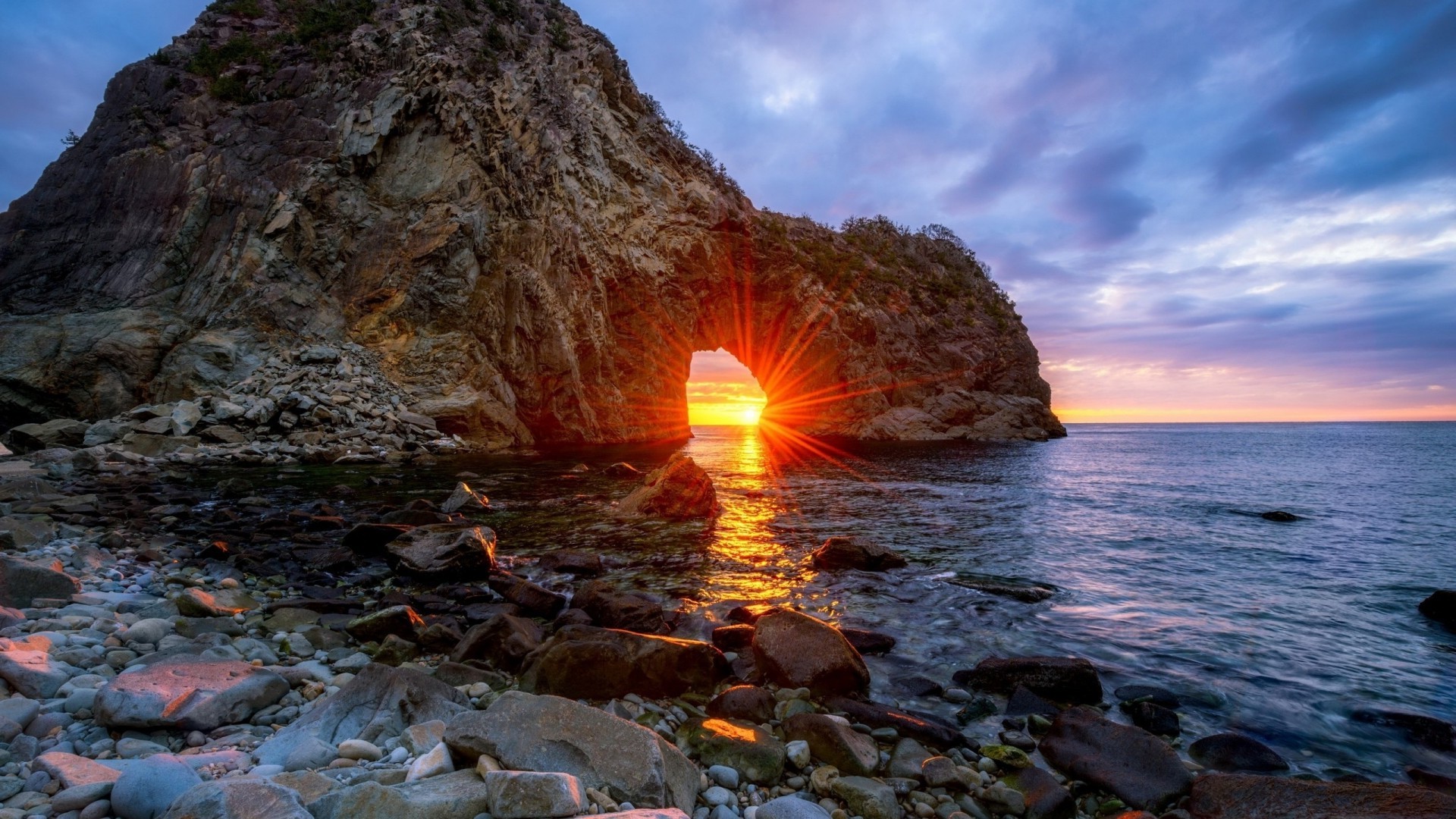 nature, Landscape, Mountains, Rock, Clouds, Japan, Water, Sea, Stones, Sunset, Sun Rays, Plants, Long Exposure, Reflection Wallpaper