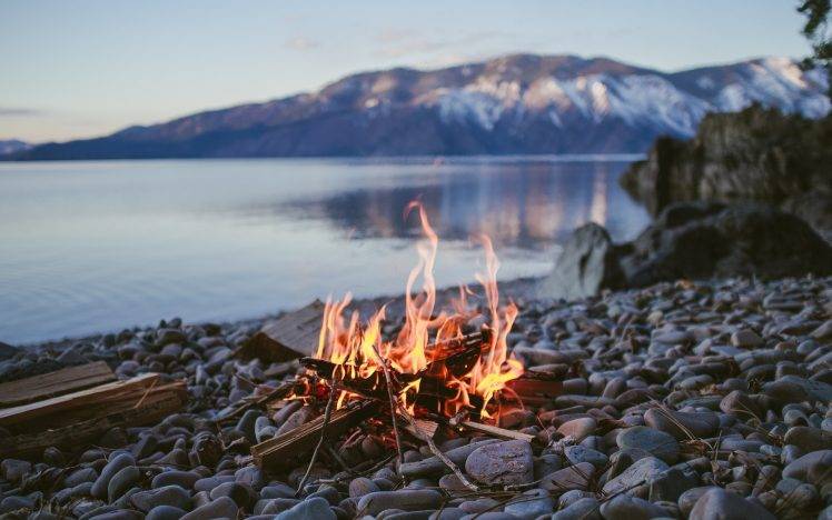 fire, Campfire, Lake, Stones, Stone, Depth Of Field, Nature, Water HD Wallpaper Desktop Background