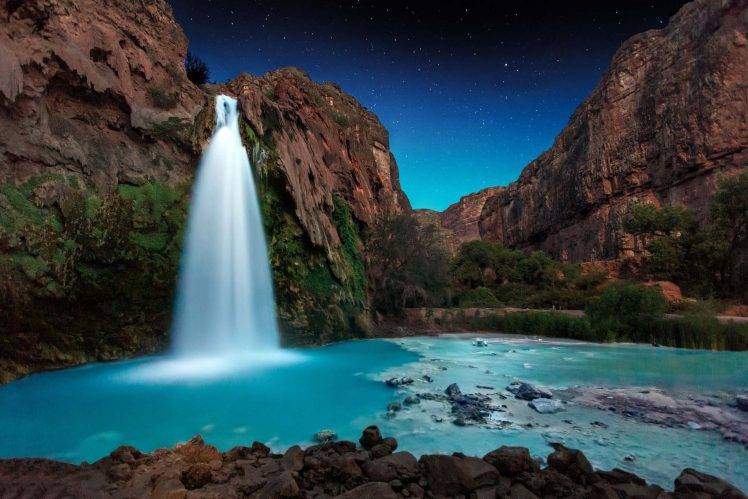 nature, Landscape, Waterfall, Starry Night, Trees, Rocks, Turquoise, Shrubs, Canyon, Long Exposure, Arizona HD Wallpaper Desktop Background