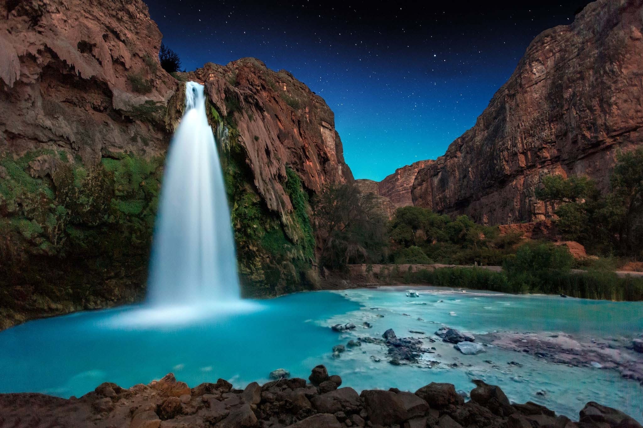 nature, Landscape, Waterfall, Starry Night, Trees, Rocks, Turquoise, Shrubs, Canyon, Long Exposure, Arizona Wallpaper