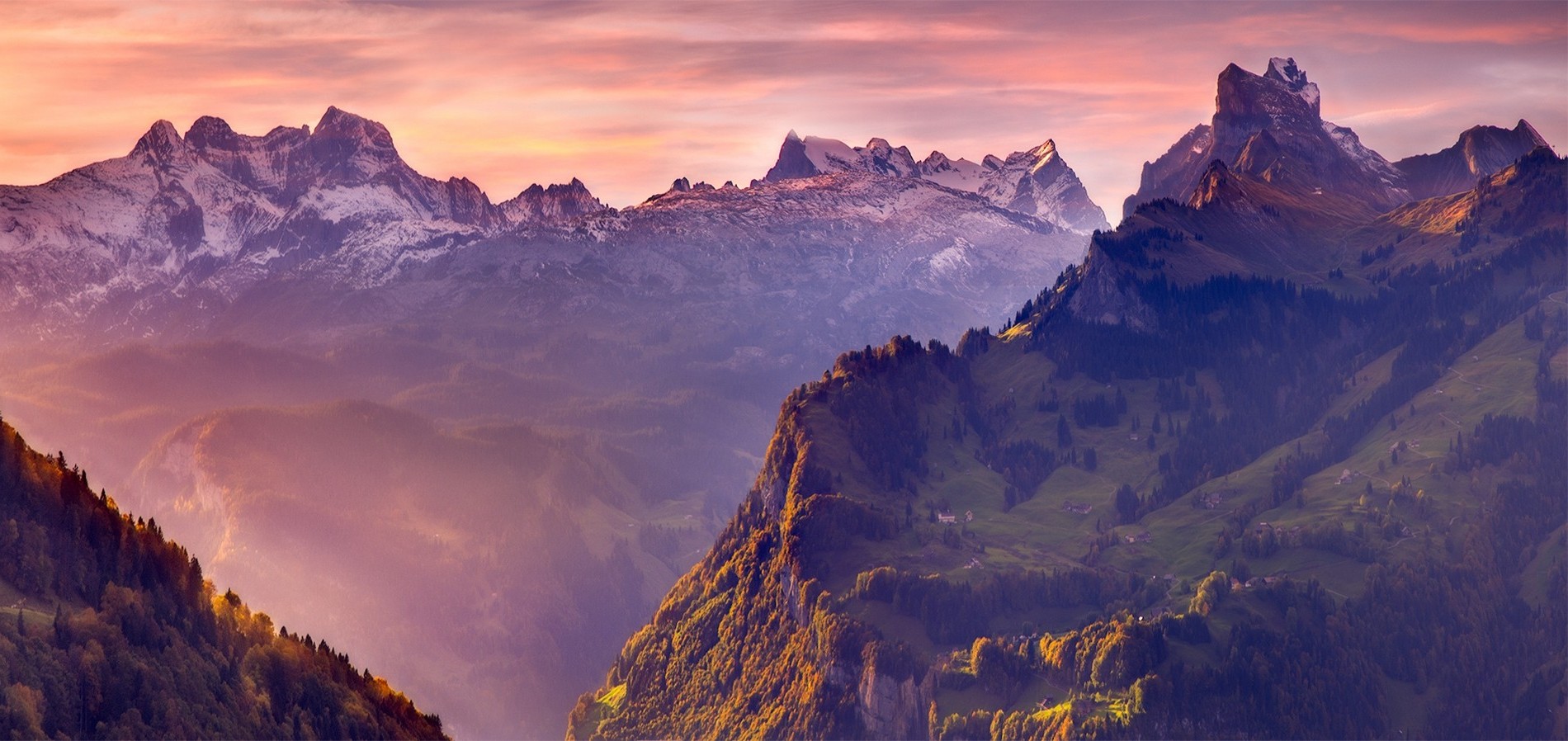 nature, Landscape, Swiss Alps, Mountains, Snowy Peak, Forest, Mist, Sunlight, Village, Grass Wallpaper