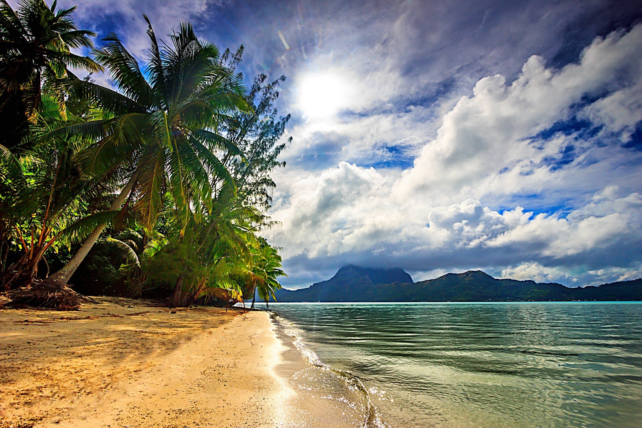nature, Landscape, Beach, Sea, Palm Trees, Clouds, Island, Sunlight, Tropical, Bora Bora, French Polynesia Wallpaper