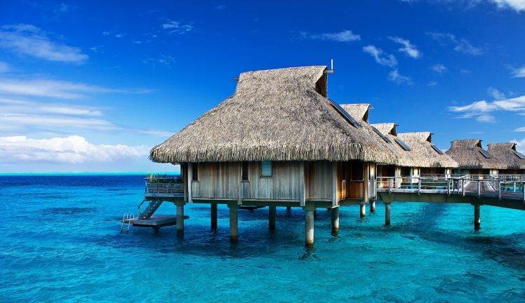 landscape, Nature, Photography, Resort, Bungalow, Sea, Morning, Sunlight, Tropical, Beach, Bora Bora, French Polynesia HD Wallpaper Desktop Background
