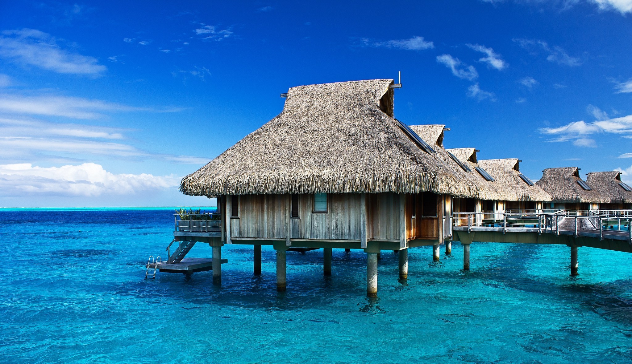 landscape, Nature, Photography, Resort, Bungalow, Sea, Morning, Sunlight, Tropical, Beach, Bora Bora, French Polynesia Wallpaper