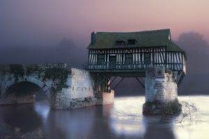 landscape, Nature, Photography, Cottage, Bridge, Mill, Morning, Mist, Sunlight, River, Architecture, France