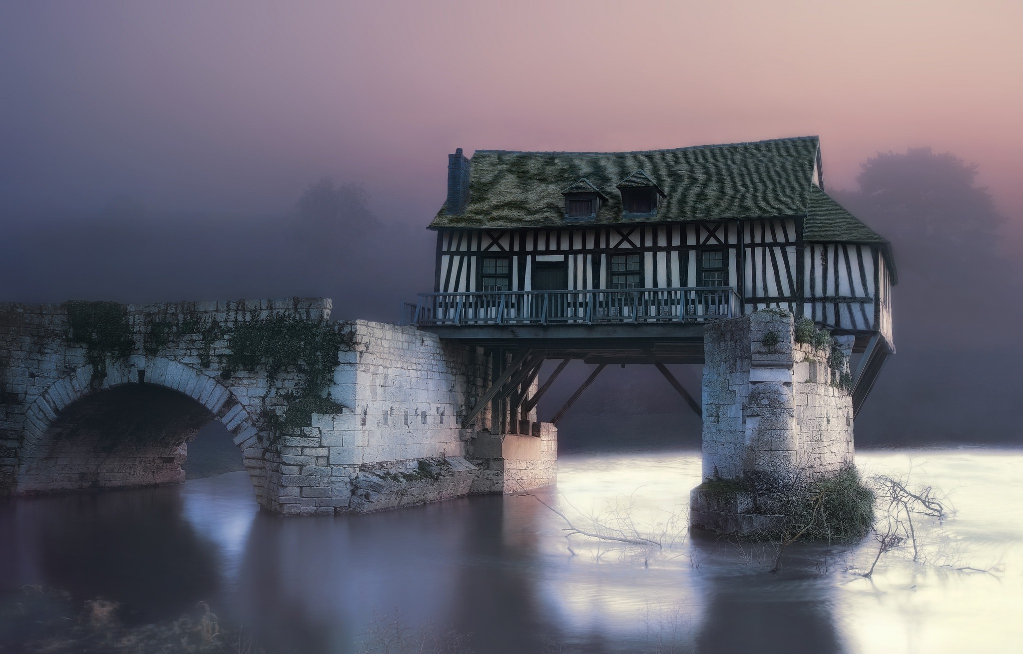 landscape, Nature, Photography, Cottage, Bridge, Mill, Morning, Mist, Sunlight, River, Architecture, France Wallpaper