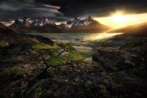landscape, Nature, Photography, Lenticular Clouds, Dark, Sunset, Mountains, Sunlight, Snowy Peak, Lake, Torres Del Paine National Park, Patagonia, Chile, Trees