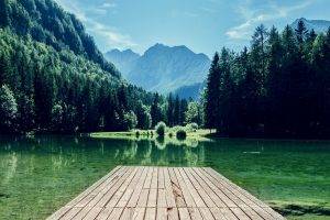 nature, Forest, Lake, Dock, Mountains