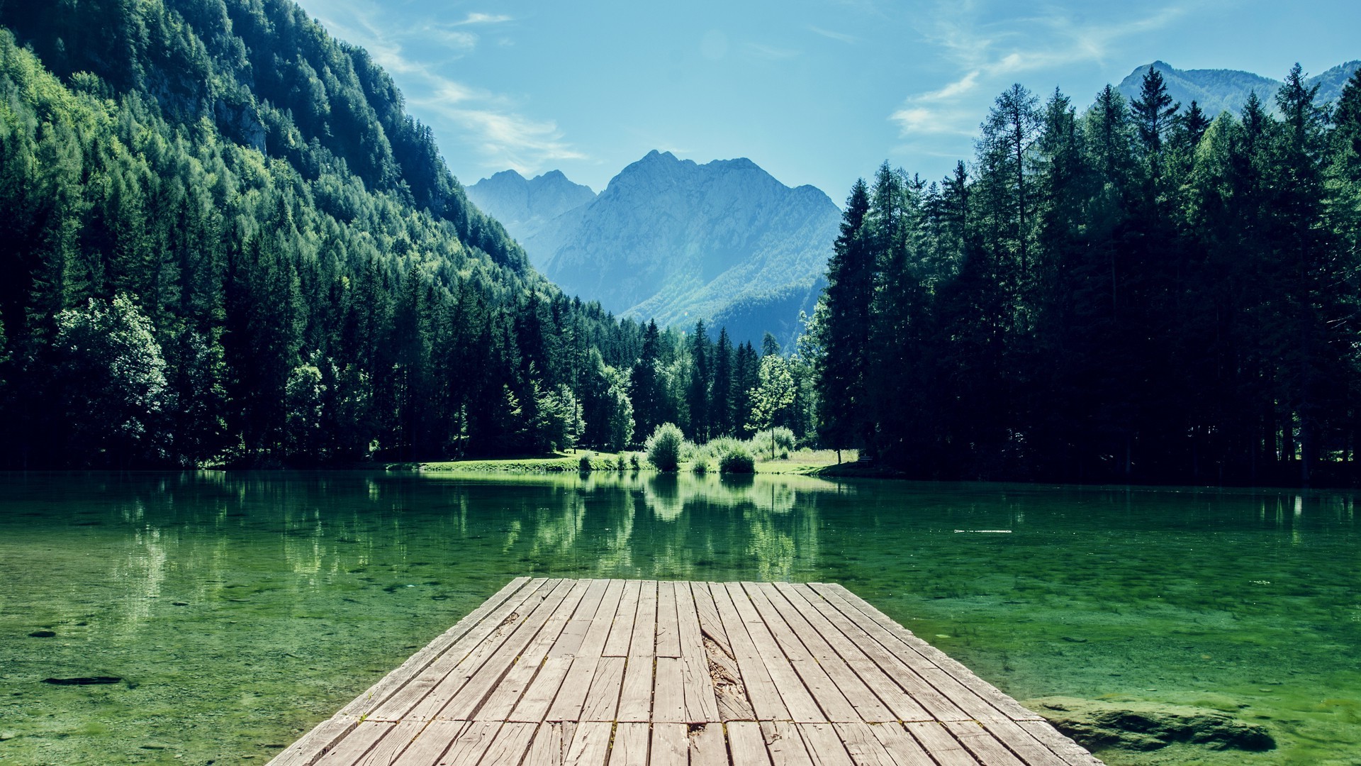 nature, Forest, Lake, Dock, Mountains Wallpaper