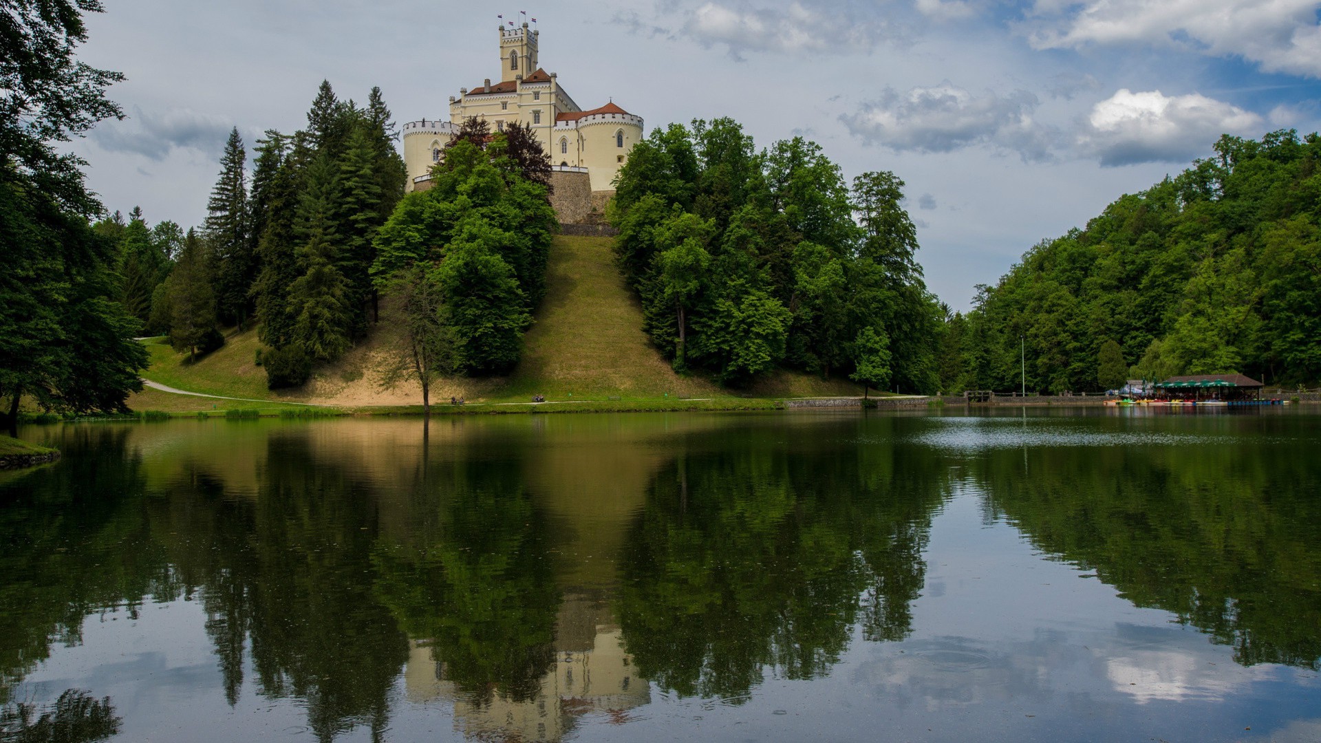architecture, Ancient, Castle, Trees, Nature, Forest, Water, Lake, Hills, Grass, Reflection, Tower, Flag, Clouds, Path, Trakoscan Castle, Croatia, Zagorje, Europe Wallpaper