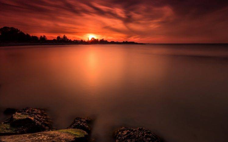 sea, Sunset, Rocks, Trees, Clouds, Nature, Landscape, Photography HD Wallpaper Desktop Background