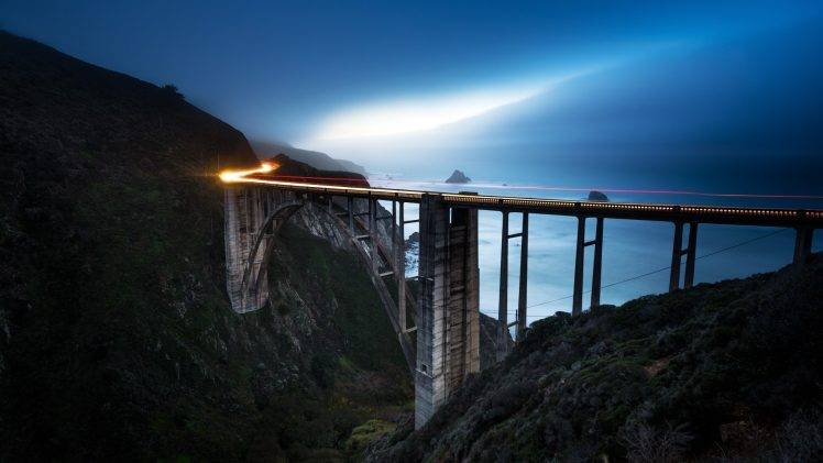 bridge, Motion Blur, Mountains, Sea, Mist, Lights, Landscape, Long Exposure HD Wallpaper Desktop Background