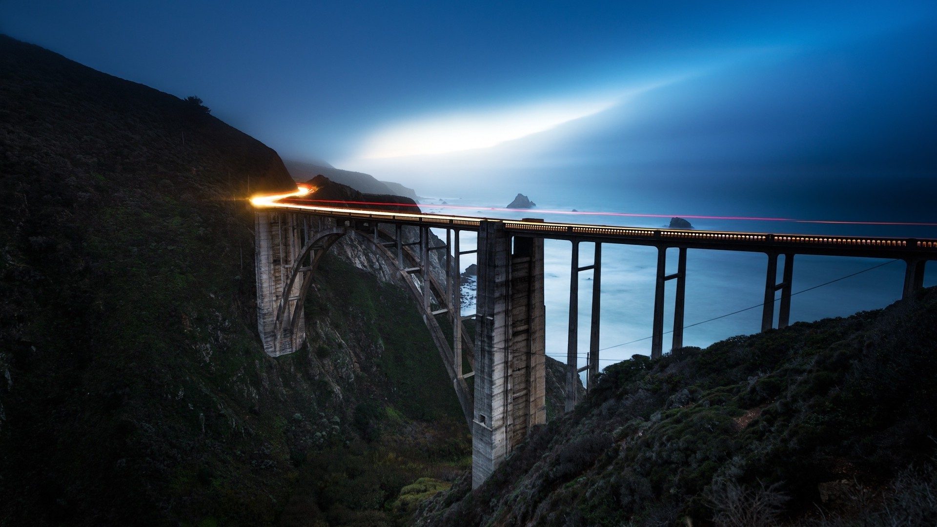 bridge, Motion Blur, Mountains, Sea, Mist, Lights, Landscape, Long Exposure Wallpaper