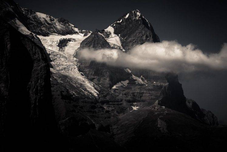 nature, Landscape, Monochrome, Mountains, Snowy Peak, Summit, Clouds, Swiss Alps HD Wallpaper Desktop Background