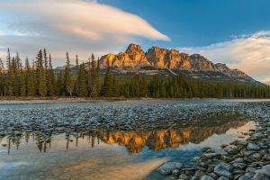 nature, Landscape, Mountains, Trees, River, Sunset, Reflection, Stones, Clouds, Sunlight, Alberta, Canada