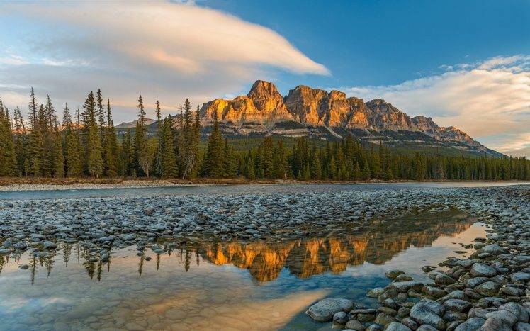nature, Landscape, Mountains, Trees, River, Sunset, Reflection, Stones, Clouds, Sunlight, Alberta, Canada HD Wallpaper Desktop Background