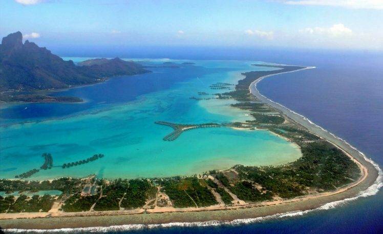 nature, Landscape, Aerial View, Island, Tropical, Beach, Sea, Bora Bora, French Polynesia HD Wallpaper Desktop Background