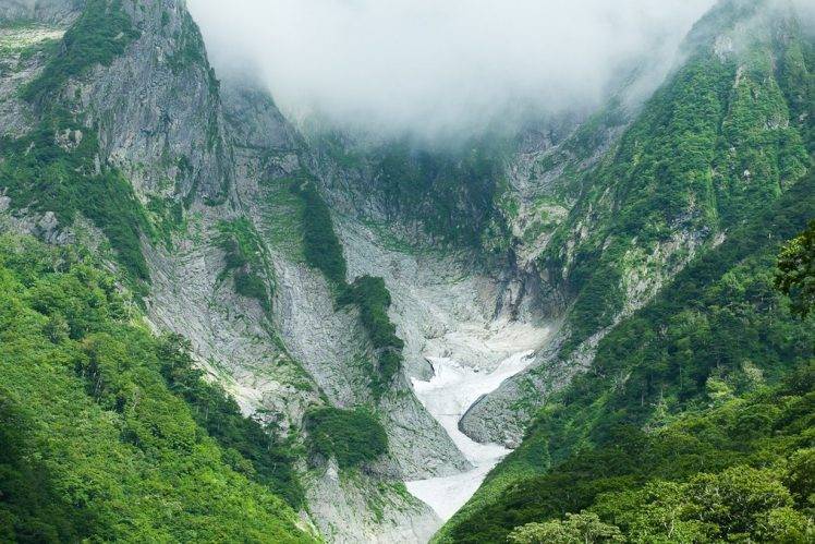 nature, Landscape, Mountains, Cliff, Clouds, Green, Shrubs, Trees, Japan HD Wallpaper Desktop Background