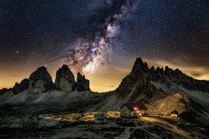 nature, Landscape, Milky Way, Galaxy, Mountains, Starry Night, Cabin, Summer, Dolomites (mountains), Italy, Long Exposure