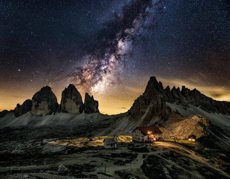 nature, Landscape, Milky Way, Galaxy, Mountains, Starry Night, Cabin, Summer, Dolomites (mountains), Italy, Long Exposure HD Wallpaper Desktop Background