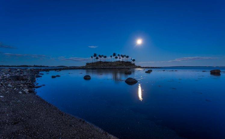 landscape, Nature, Moonlight, Coconuts, Island, Beach, Blue, Water, Reflection, Norway HD Wallpaper Desktop Background